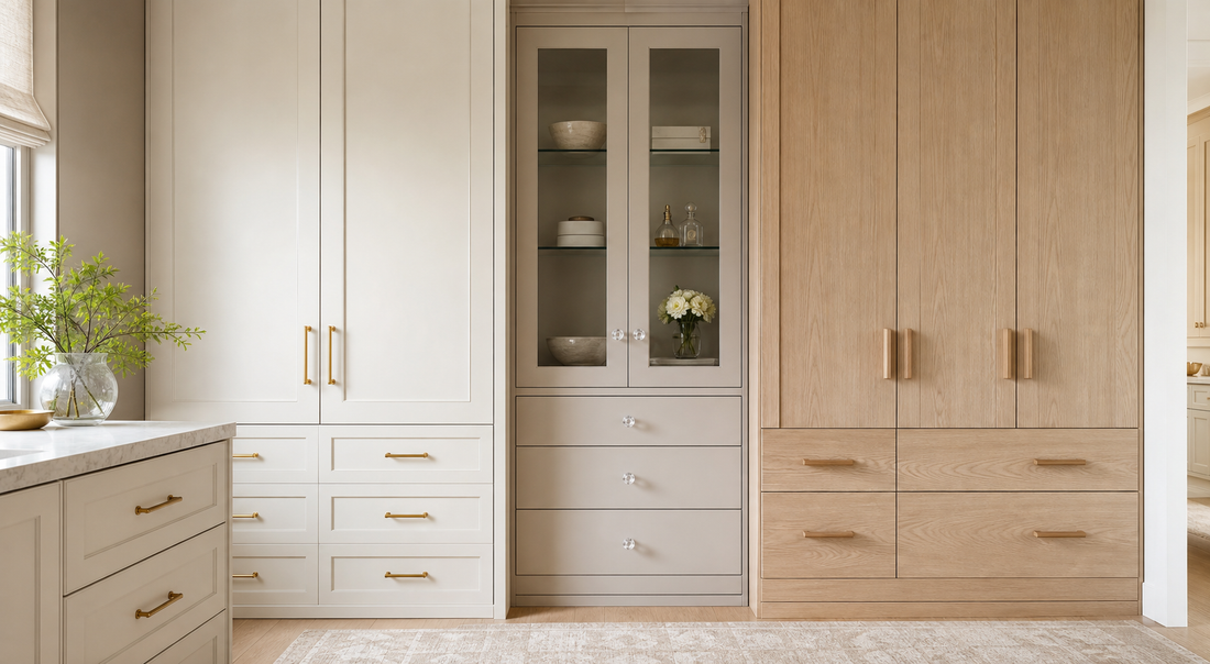 Brass, crystal and wood cabinet handles styled in a neutral interior