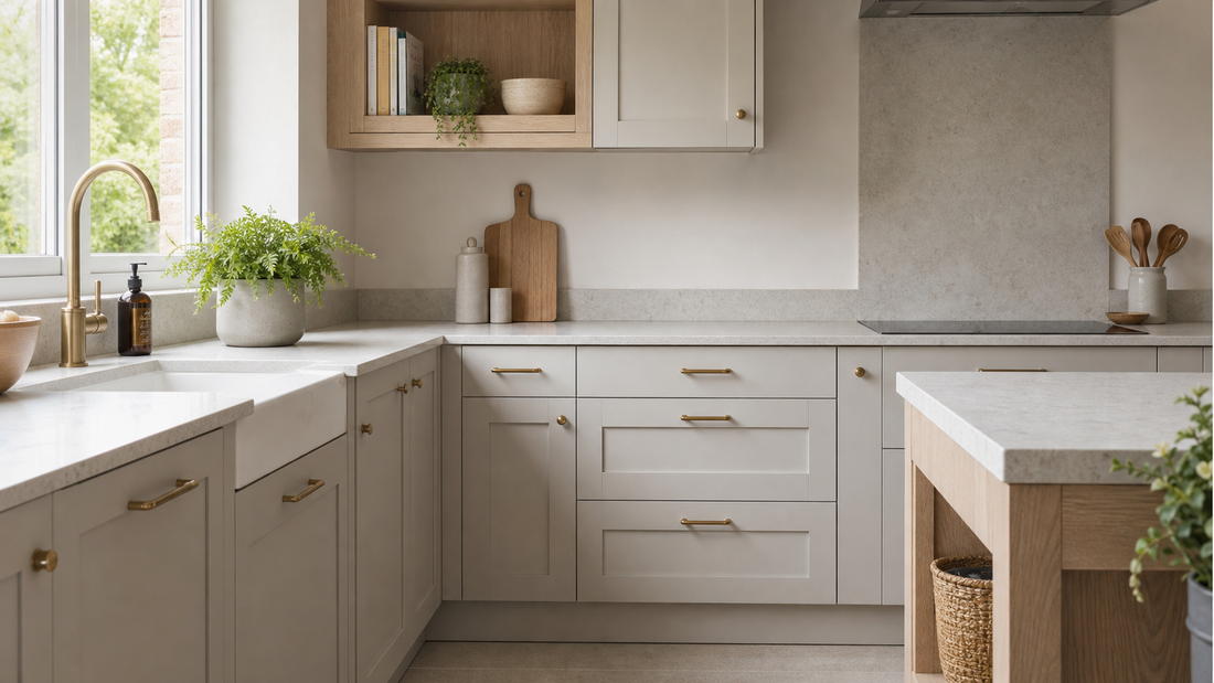 Bright neutral kitchen with coordinated brass cabinet pulls and knobs