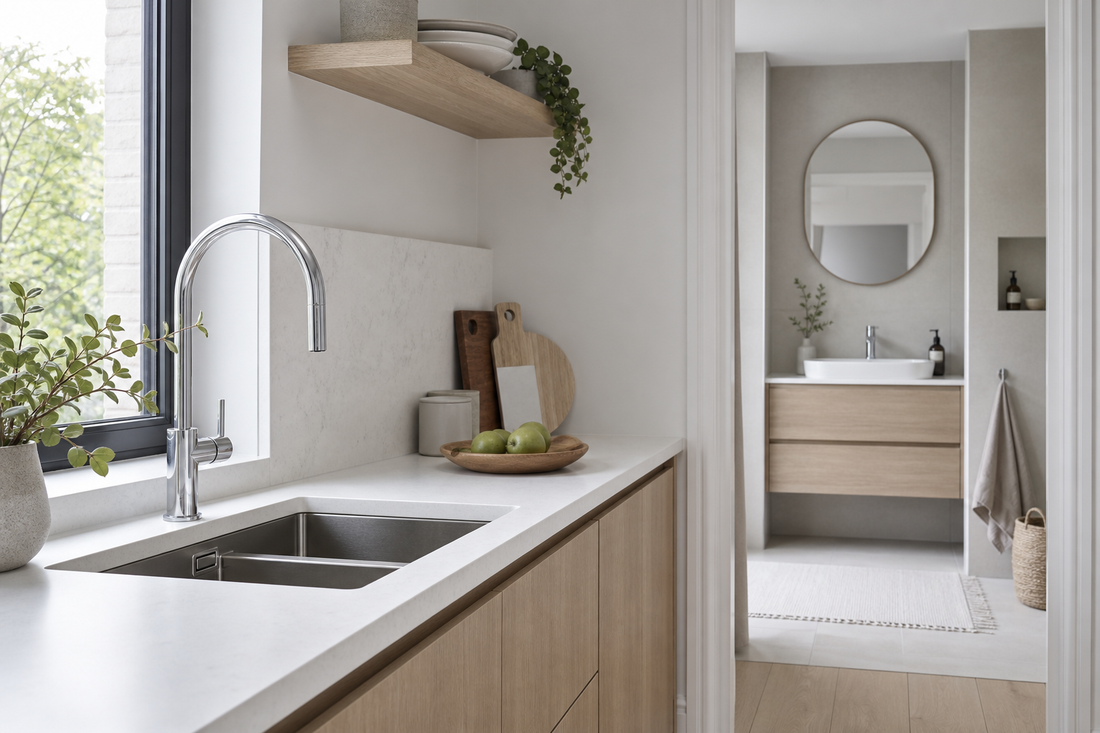 Modern kitchen tap with a bathroom basin visible beyond