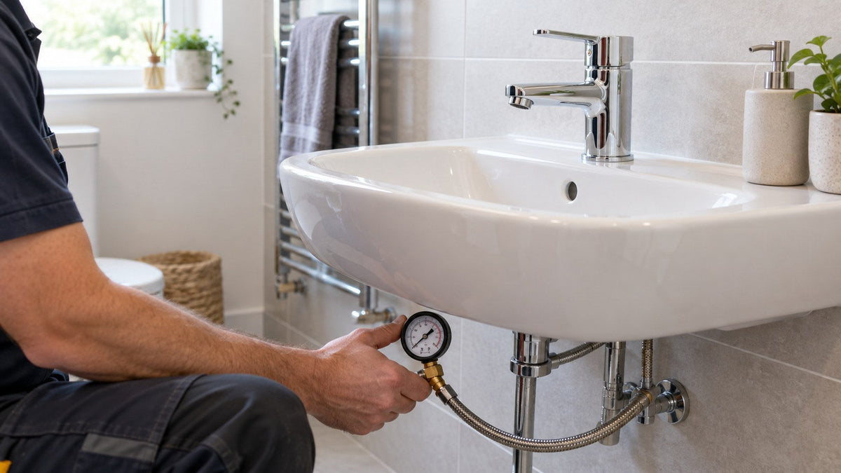 Plumber checking water pressure at a chrome bathroom basin tap with an analogue gauge