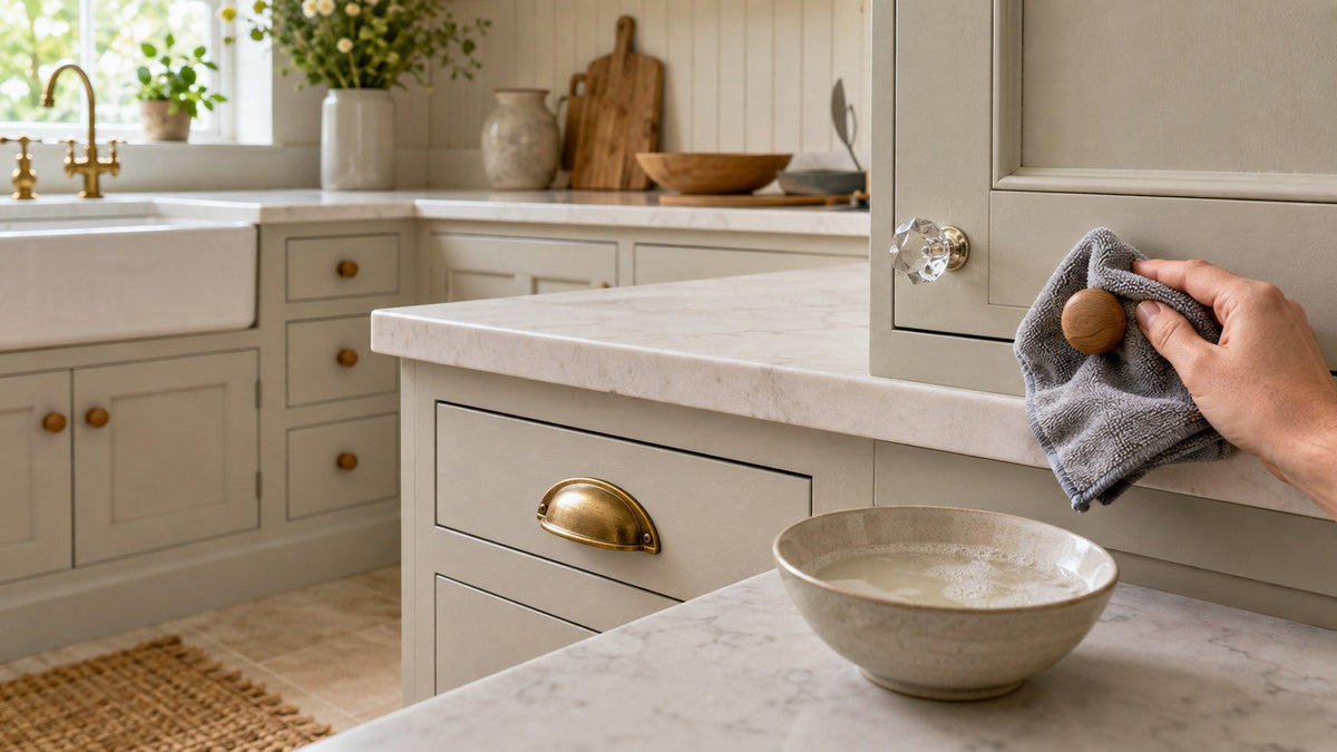 Soft cloth and warm soapy water beside brass, wooden and clear cabinet handles in a Shaker kitchen