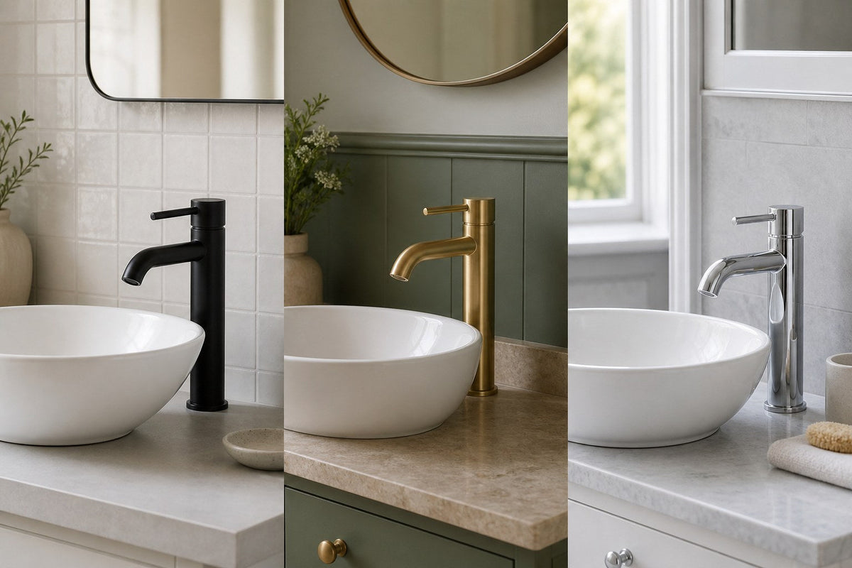 Black, brass and chrome bathroom taps shown in three coordinated bathroom schemes