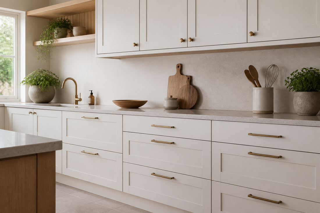 Cream Shaker kitchen with cabinet knobs on cupboard doors and pull handles on drawers