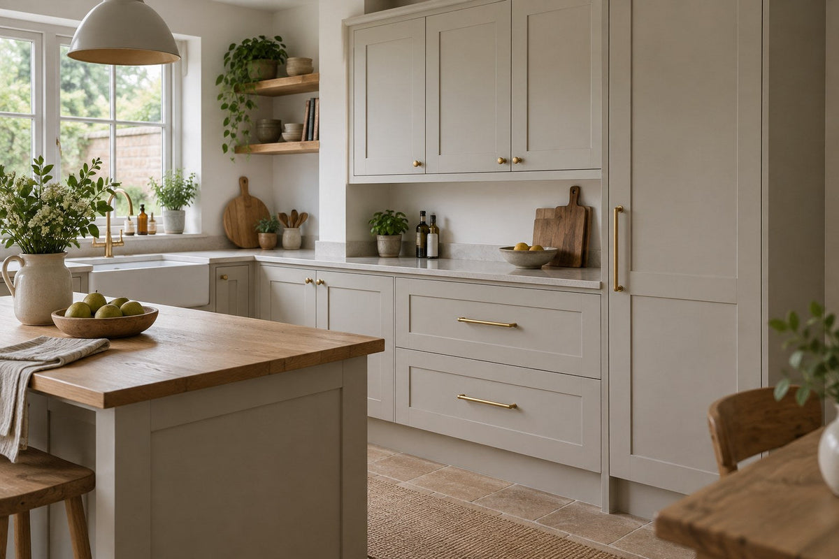 Pale Shaker kitchen with knobs on cupboard doors and pulls on drawers and a tall larder