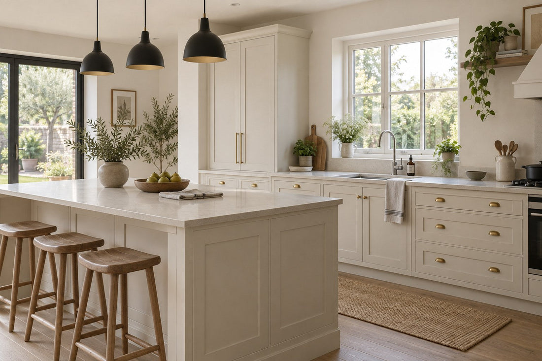 Neutral kitchen with brass cabinet handles, a chrome tap and black pendant lights