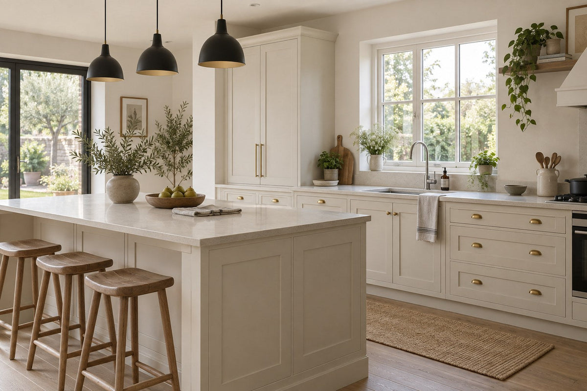 Neutral kitchen with brass cabinet handles, a chrome tap and black pendant lights
