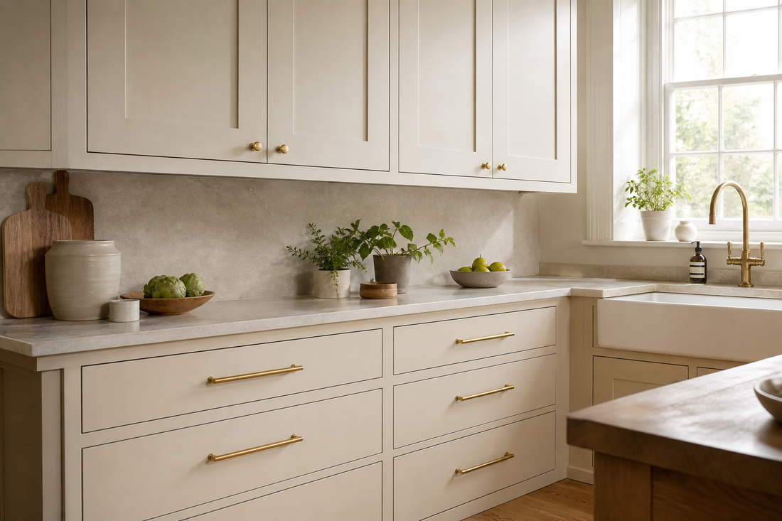 Cream Shaker kitchen with brass cabinet knobs on doors and pull handles on drawers