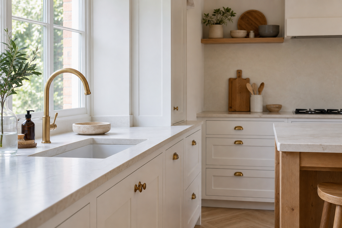 Brass kitchen tap coordinated with warm metal cabinet handles