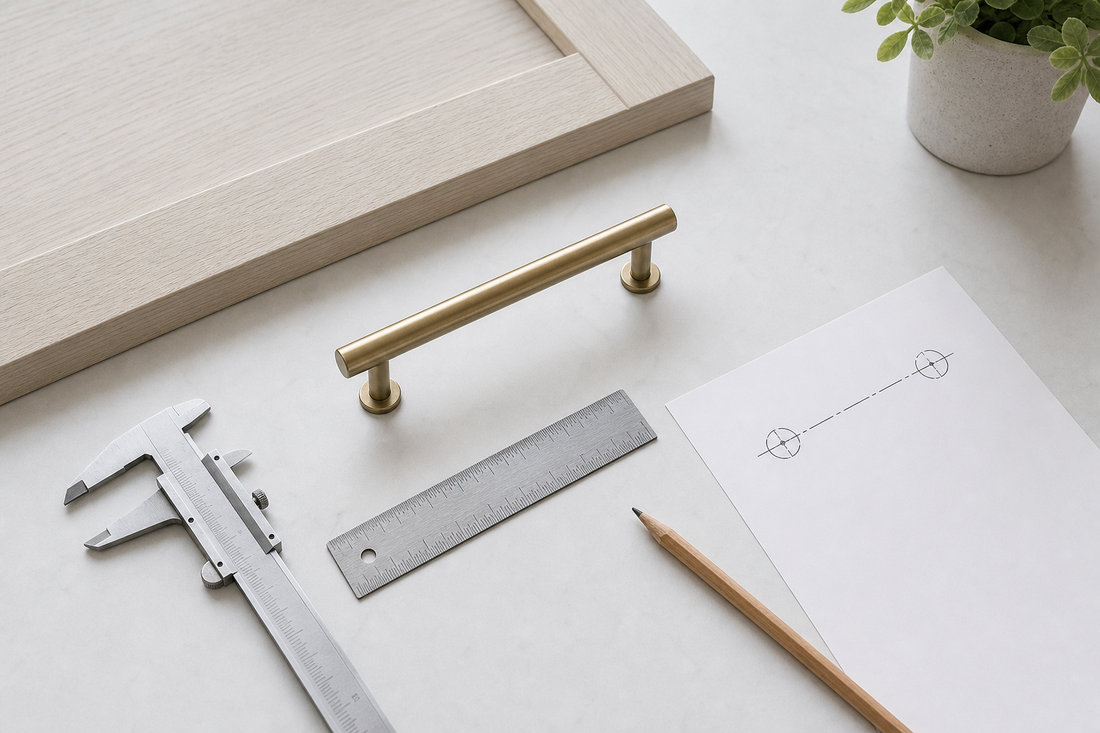 Cabinet pull with ruler, callipers and a paper drilling template