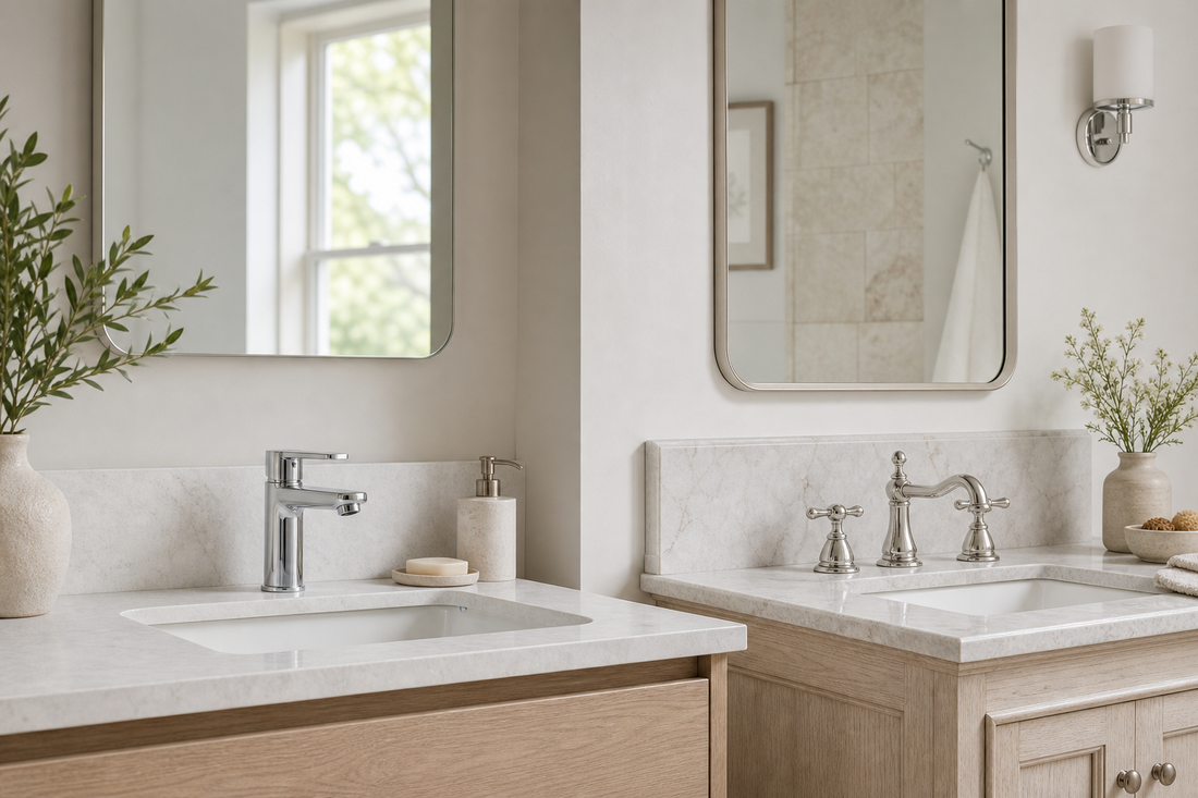 Modern single-lever and traditional three-piece basin taps side by side