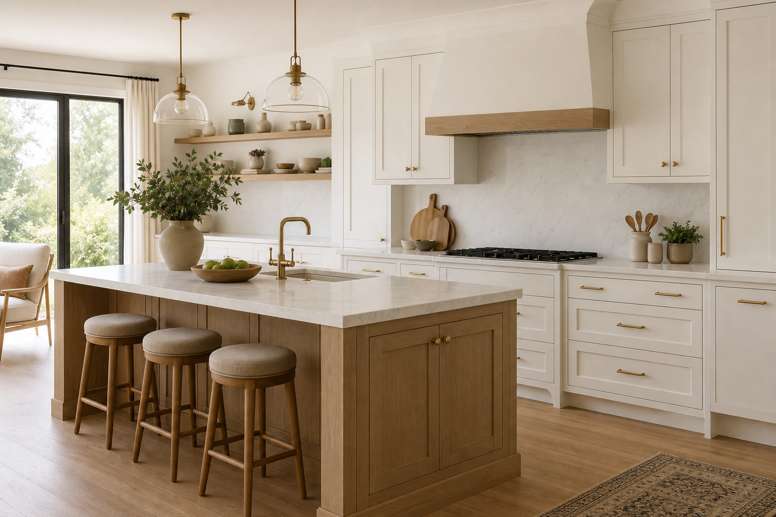 Bright white and oak kitchen refreshed with warm metal cabinet handles
