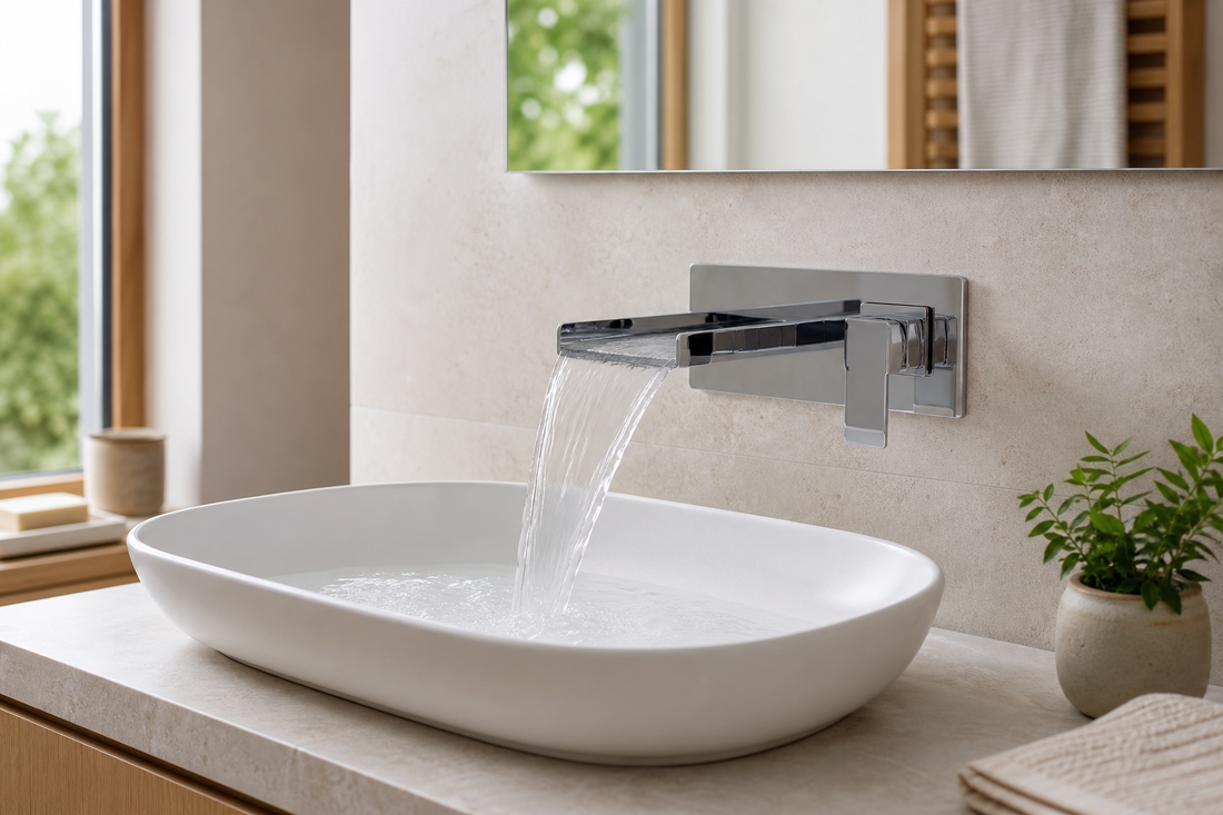 Chrome waterfall tap creating a broad stream over a white basin