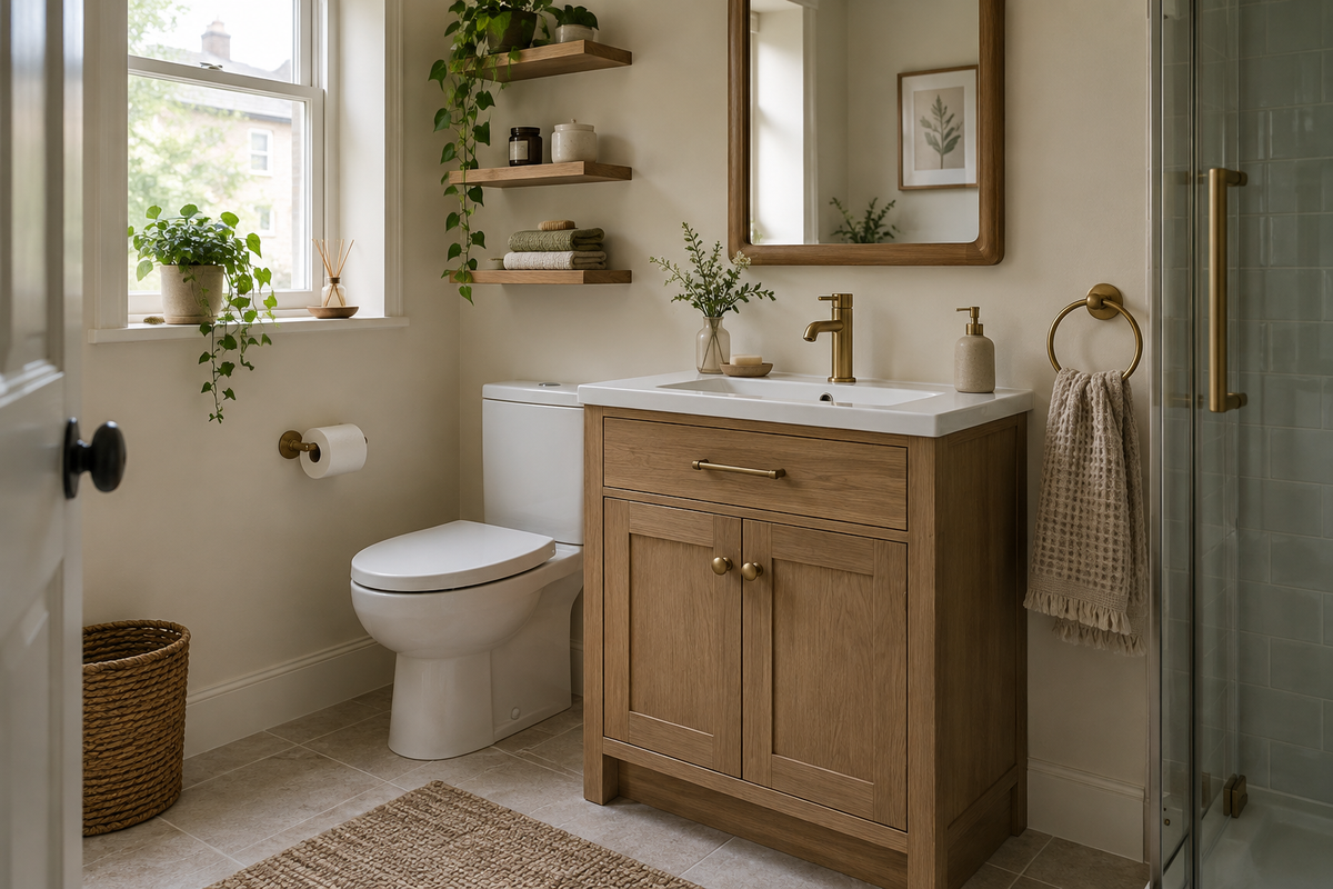Bathroom with a wood vanity, brass tap, cabinet handles and coordinated wall fittings