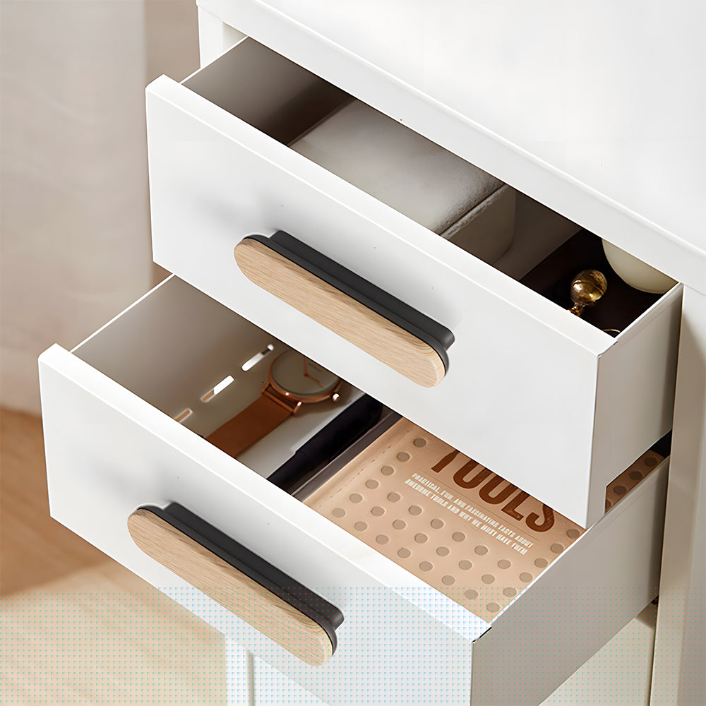 Round wood and zinc-alloy cabinet handles white option installed and product views