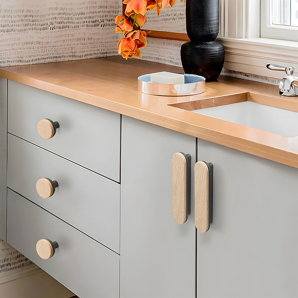 Round wood and zinc-alloy cabinet handles white option installed and product views