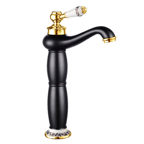 Black and gold traditional basin tap in the high height configuration