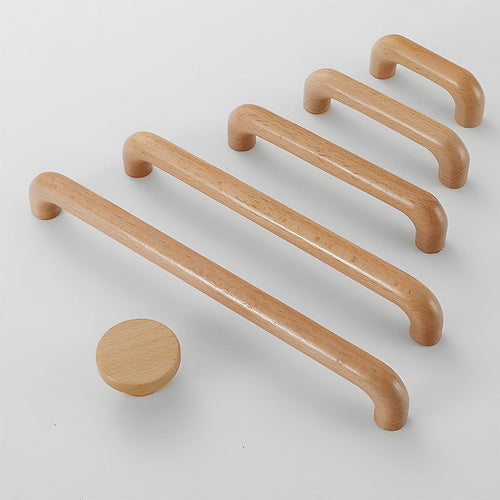 Beech wood cabinet handles and knobs round knob and curved pulls together