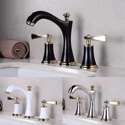 Black and gold brass three-hole basin tap shown beside the white colour version