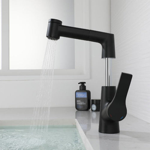Black height-adjustable pull-out basin tap with running spray