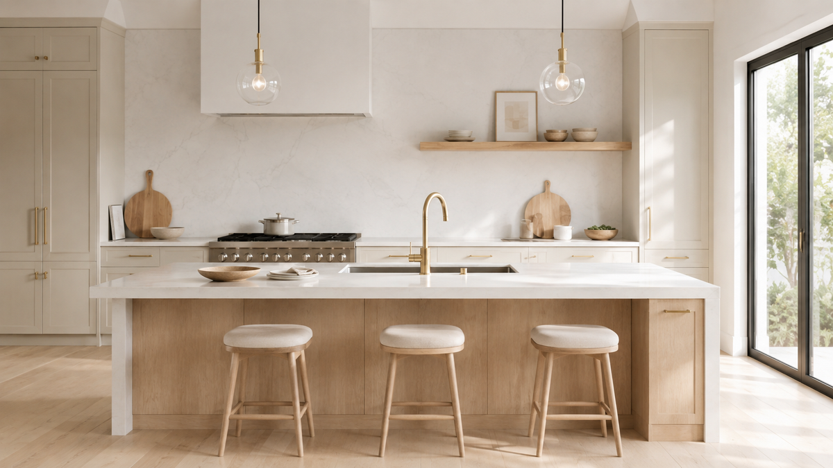 Bright kitchen with pale cabinets, a central island and a gold-coloured tap