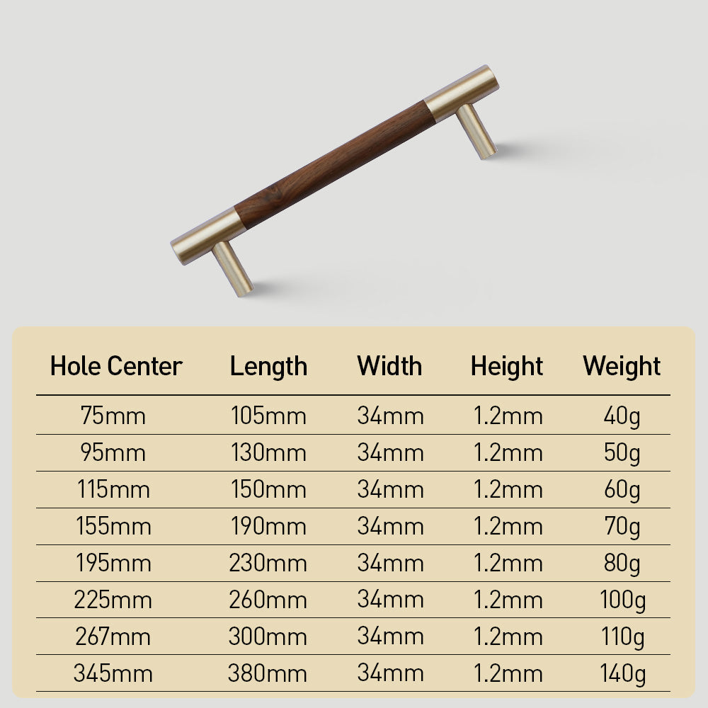 Luxury Brass Walnut T-bar Kitchen Cupboard Handles
