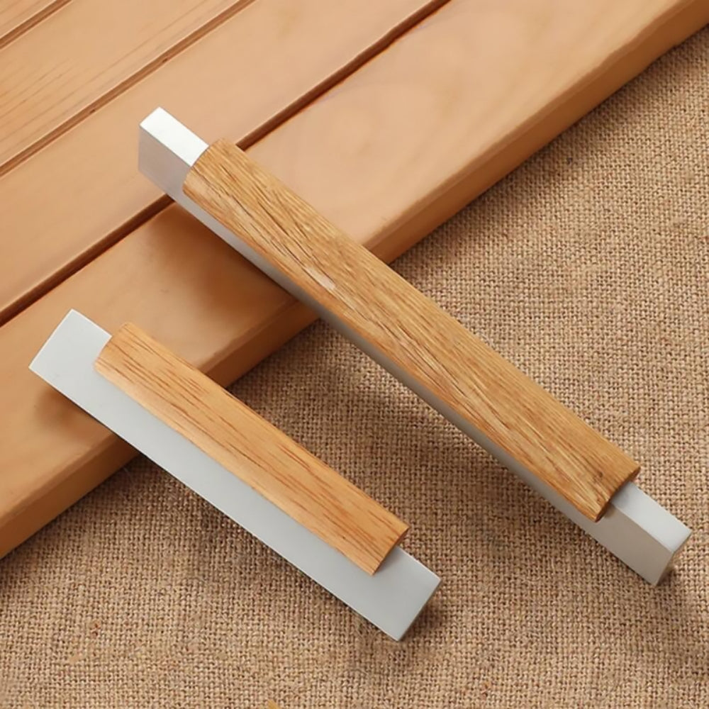 Beech wood cabinet handles with metal fittings silver fitting options and product views