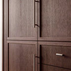 Silver knurled brass cabinet hardware paired handles on pale wardrobe doors