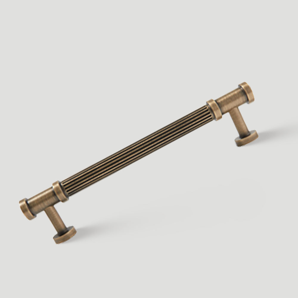 Antique bronze lined cabinet hardware lined pull handle, angled product view