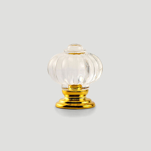 Clear acrylic cabinet knob with a gold base on white