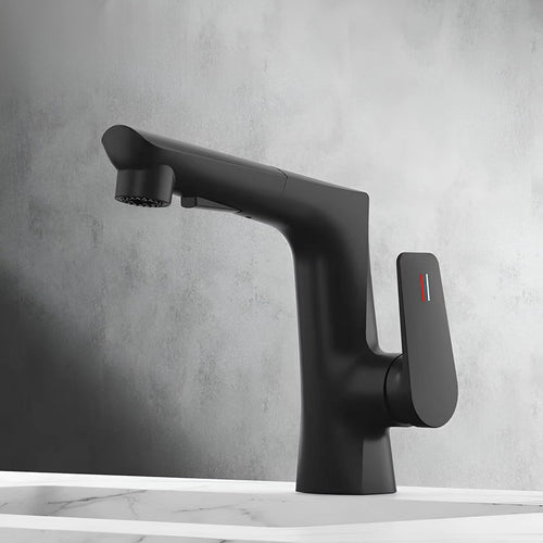 Black liftable pull-out basin tap installed beside a white basin